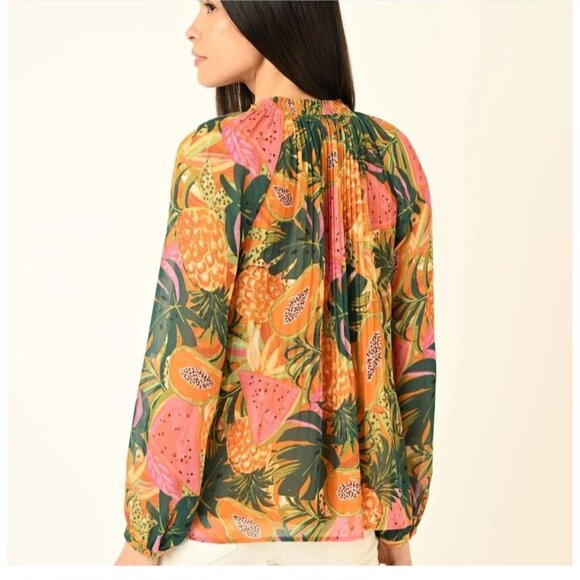 NWT Daniel Rainn Tropical Print Long Sleeve Pleated Blouse Ruffle Collar Sz PM - Picture 2 of 8